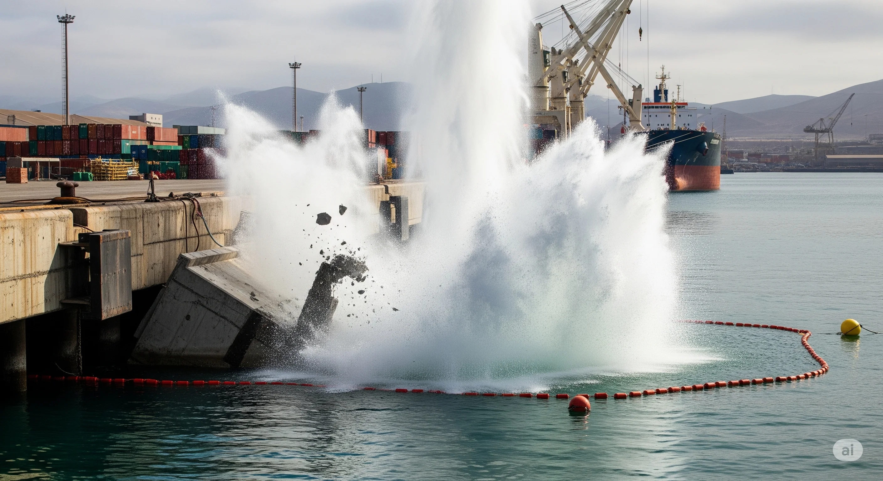 Operación de corte submarino para demolición de muelle en Chile.