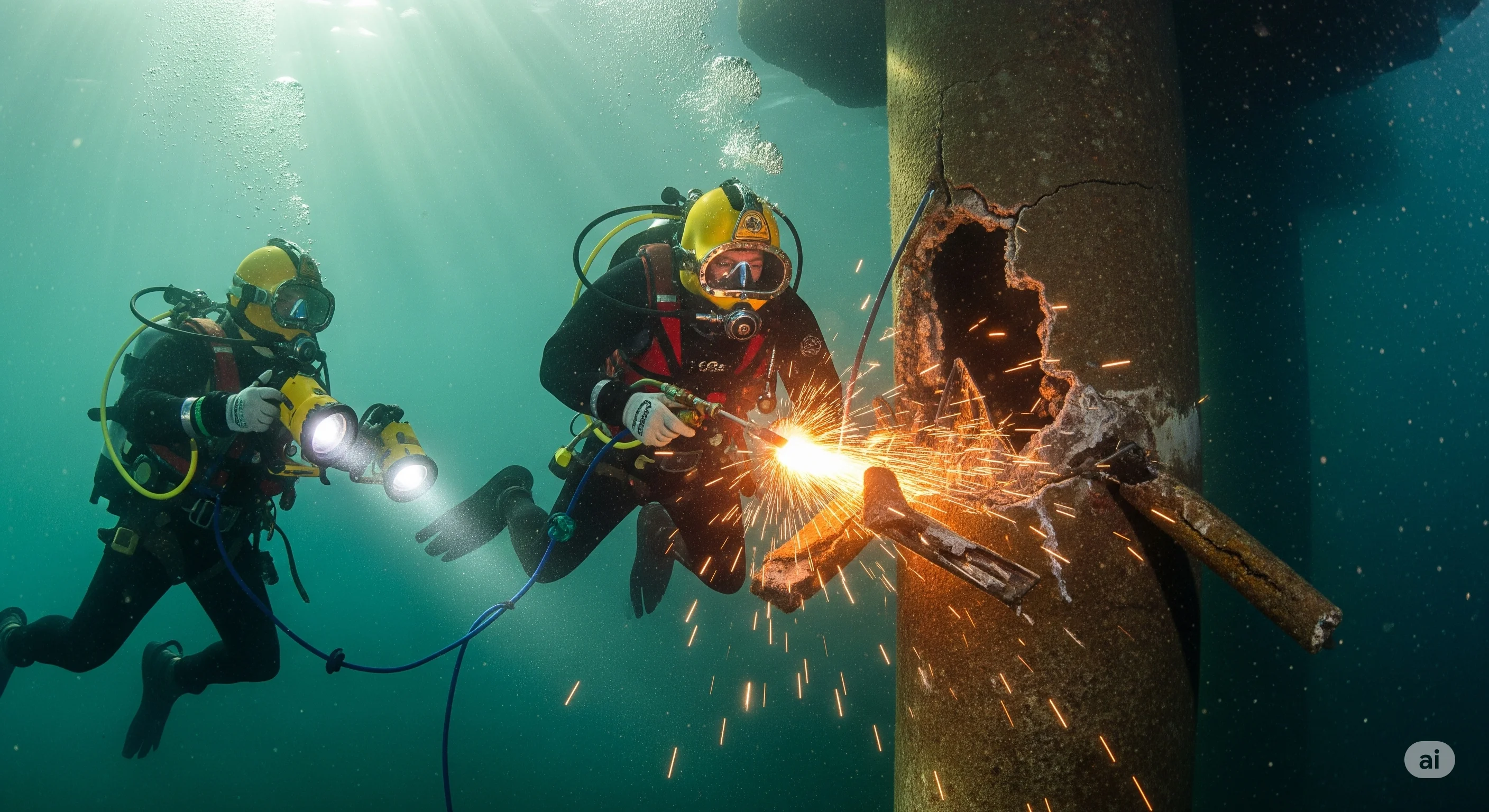 Equipo de salvataje trabajando en la recuperación de una estructura hundida.