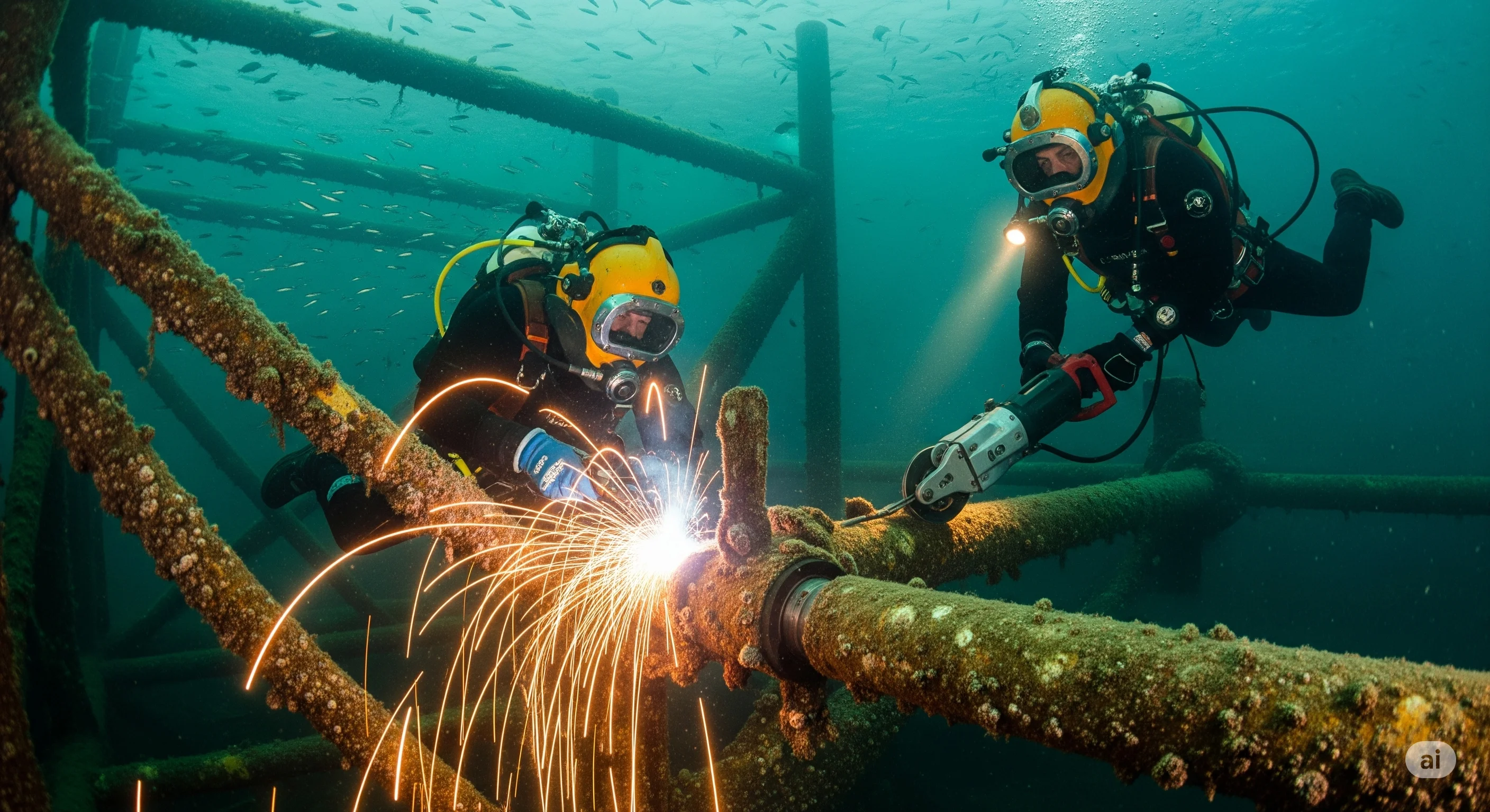 Equipo de buzos realizando mantenimiento submarino.