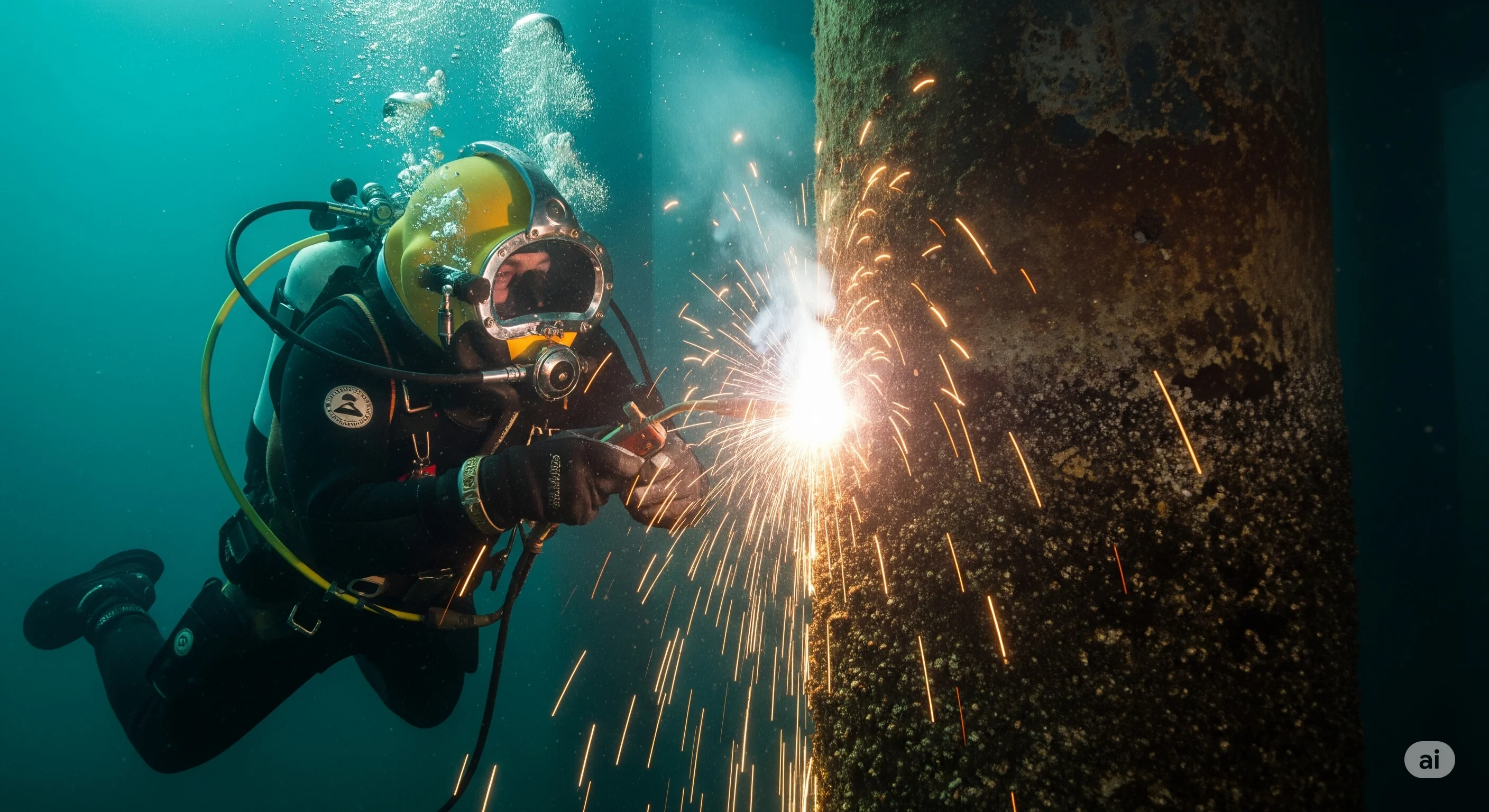 Buzo realizando soldadura submarina, un servicio clave de robótica submarina en Chile.