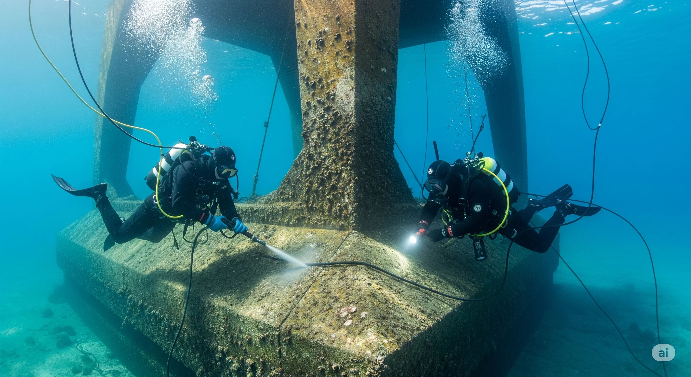 Equipo realizando limpieza de pilotes en un puerto de Antofagasta.