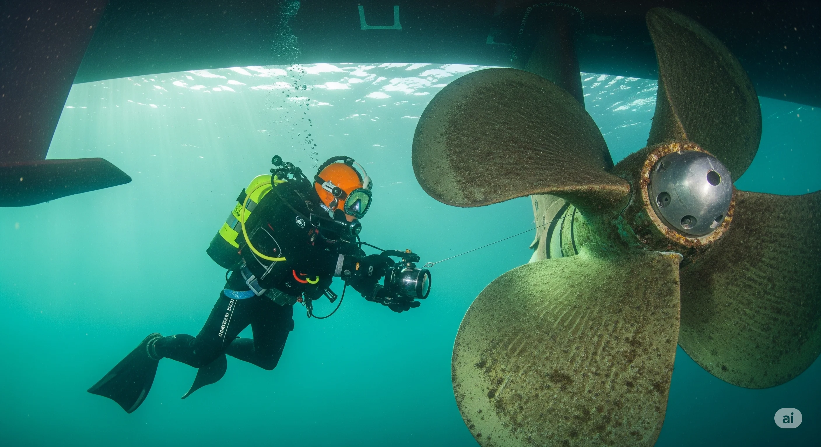 Buzo inspeccionando la hélice de un barco en un puerto chileno.